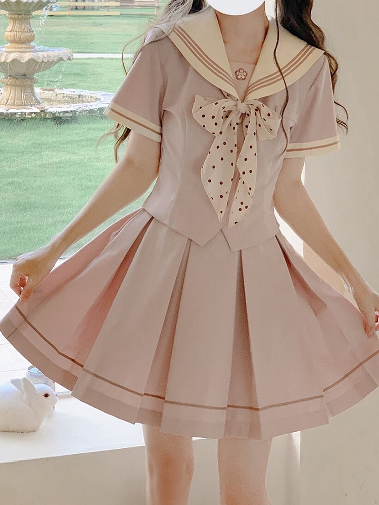 Sleeves Sweet Beige Embroidery Short Collar Sakura Top with Pink Sailor