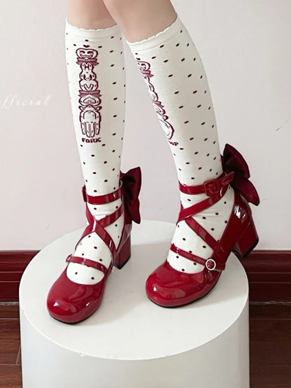 Akzentschleife, überkreuzte Absätze, mittelrotes Design, süße Zehenpartie, rund – Lolita