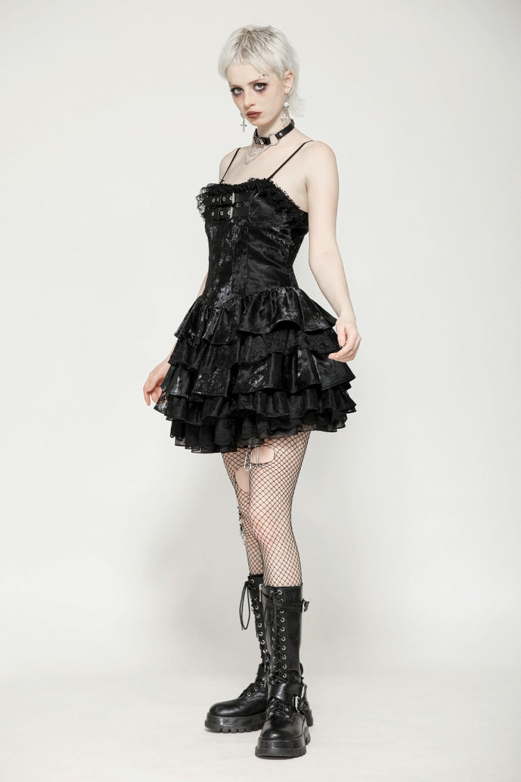 Black Sleeveless Ruffled Party Slip Dress Punk Graduation