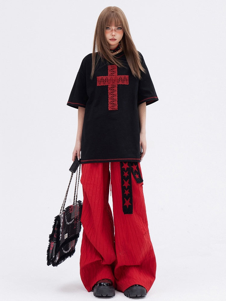 Black Cross Pattern Round Neck T-shirt