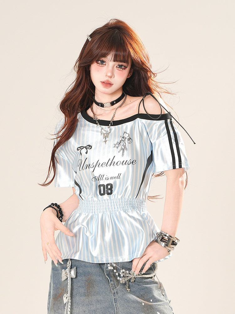 アシンメトリーネックライン ストライプTシャツ スモック 伸縮性ウエスト ブロケット コア ブラック/ブルー