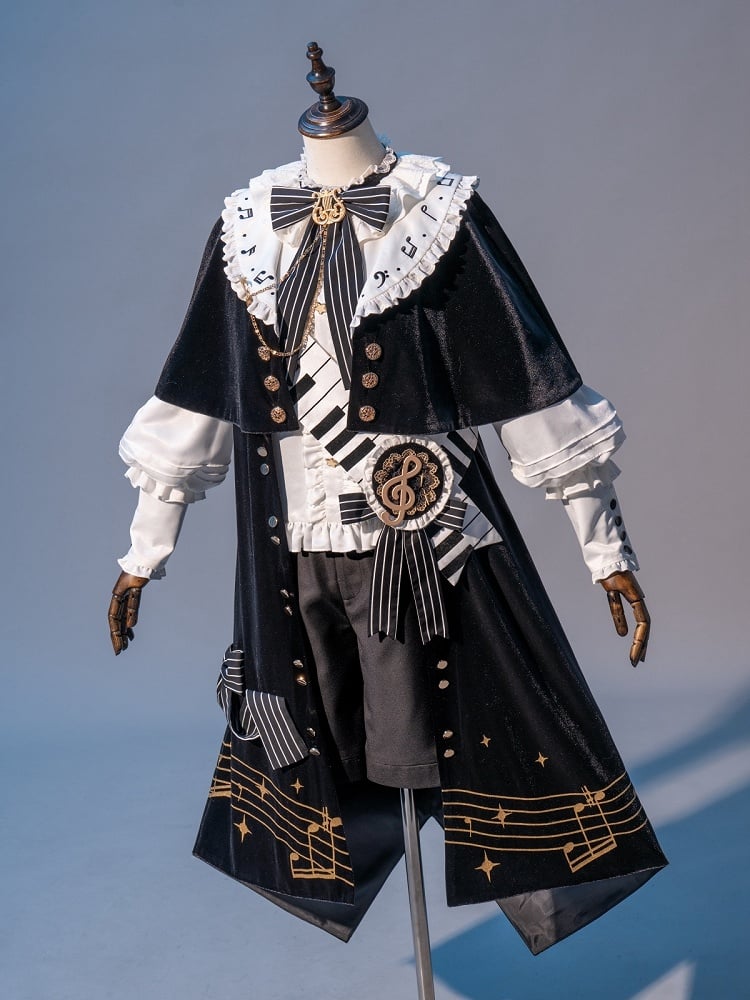 Black and White Ouji Lolita Full Set - White Shirt + Black Shorts + Musical Note Print Black Robe
