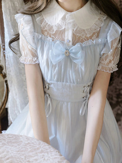 Kragen Schnürung Taille Pan Jirai Kei Kleid Hellblau Illusion Ausschnitt Peter