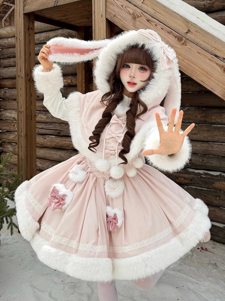 Plush Hooded Trimming Cape Bunny Pink White Winter Ears with
