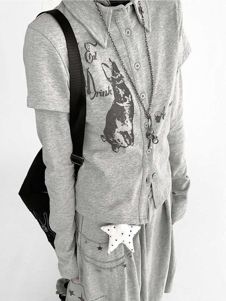 Gray Sleeve Long Two-piece - Print Top Bunny