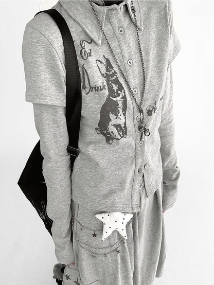 Gray Sleeve Long Two-piece - Print Top Bunny
