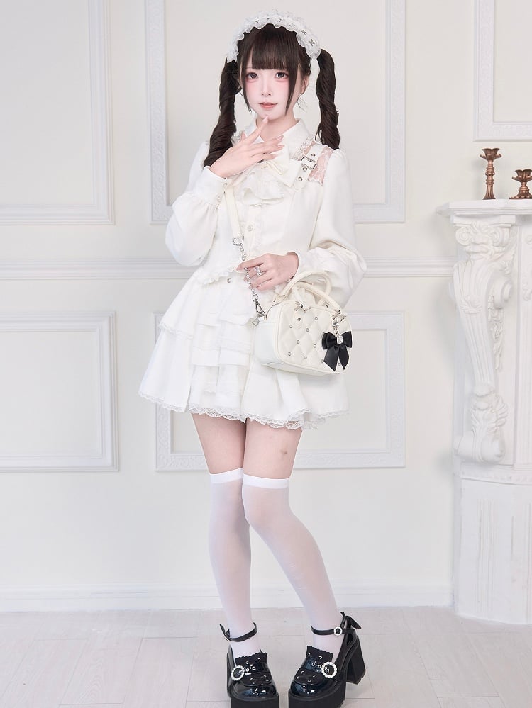 Adorned Blouse Illusion with Strap Details Buckle Neckline White Kei Jirai
