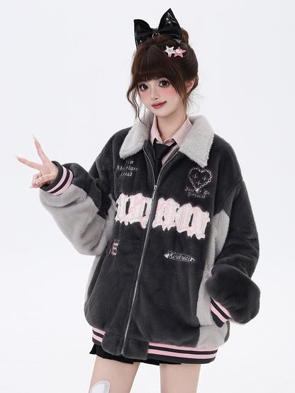 Jacket Baseball Fleece Gray with Letter Embroidery Heart