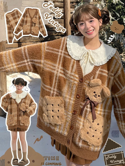 Brown Cute Cookie Bear Adorned Plaid Loose Cardigan