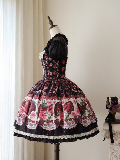 Floral Strawberry Rose Print Black Puff Sleeve JSK