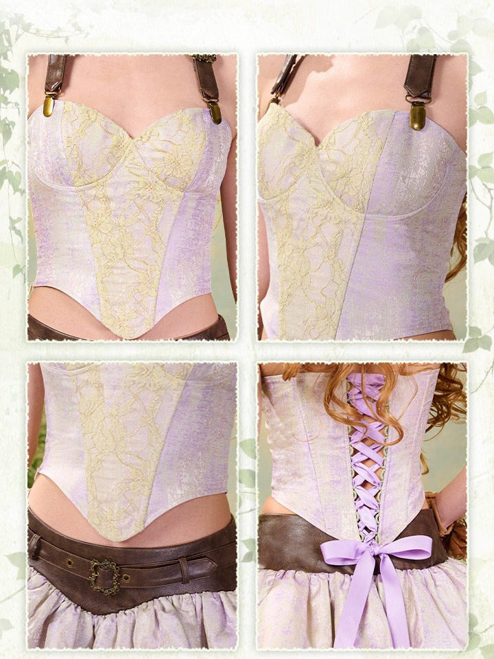 Fairycore Mori Kei Purple & Green Halter Neck Corset Top with Strap Design - Virtual Orbit