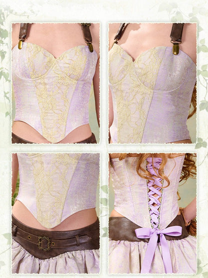 Fairycore Mori Kei Purple & Green Halter Neck Corset Top with Strap Design - Virtual Orbit