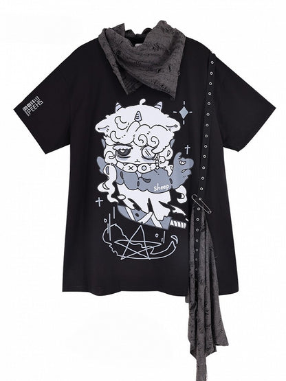 Cartoon and Scarf with Detachable Eyelet Sheep Professor Strap T-Shirt Black Details