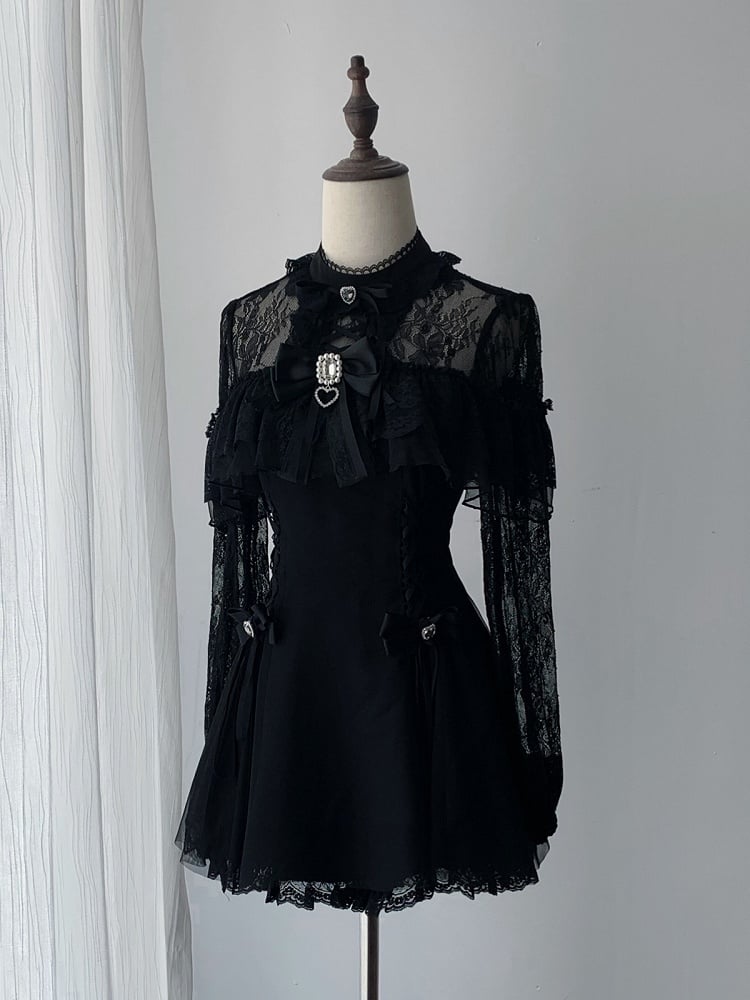 Jirai Kei Black Lace Long-Sleeve Dress with Shorts & Bow Tie Three-Piece Set - Ekomi