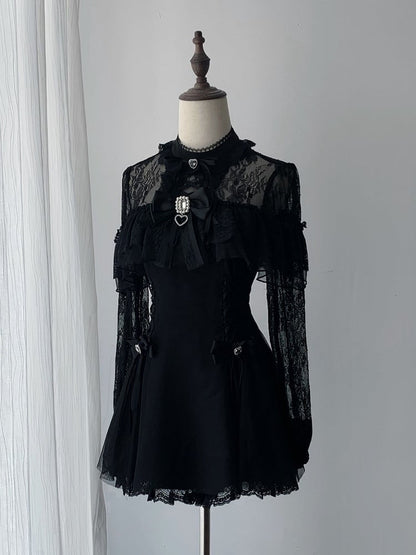 Jirai Kei Black Lace Long-Sleeve Dress with Shorts & Bow Tie Three-Piece Set - Ekomi