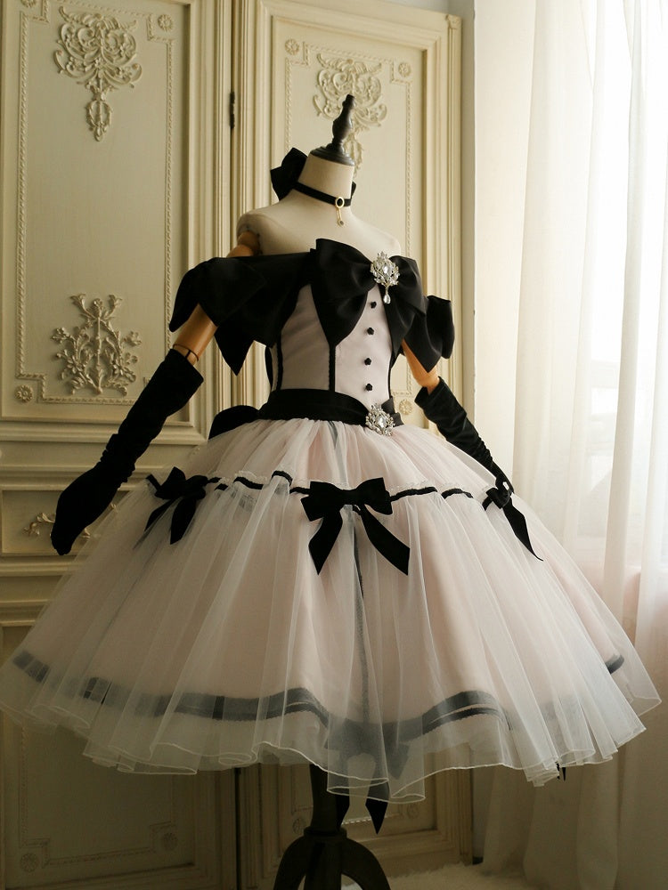 Big Bow Off-the-shoulder Neckline Pink Elegant Tea Party Lolita Tulle Dress