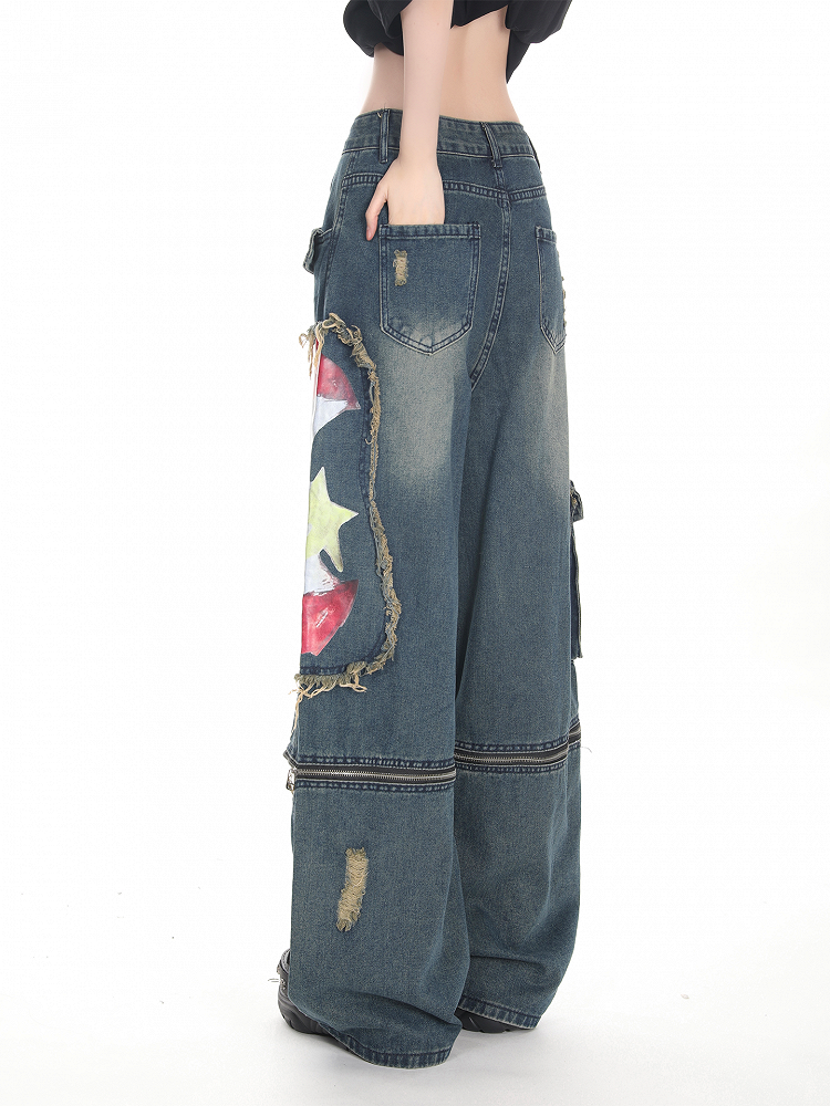 Wide-leg Deep Y2K Blue Graffiti with Print Distressed Jeans Convertible Apple Design