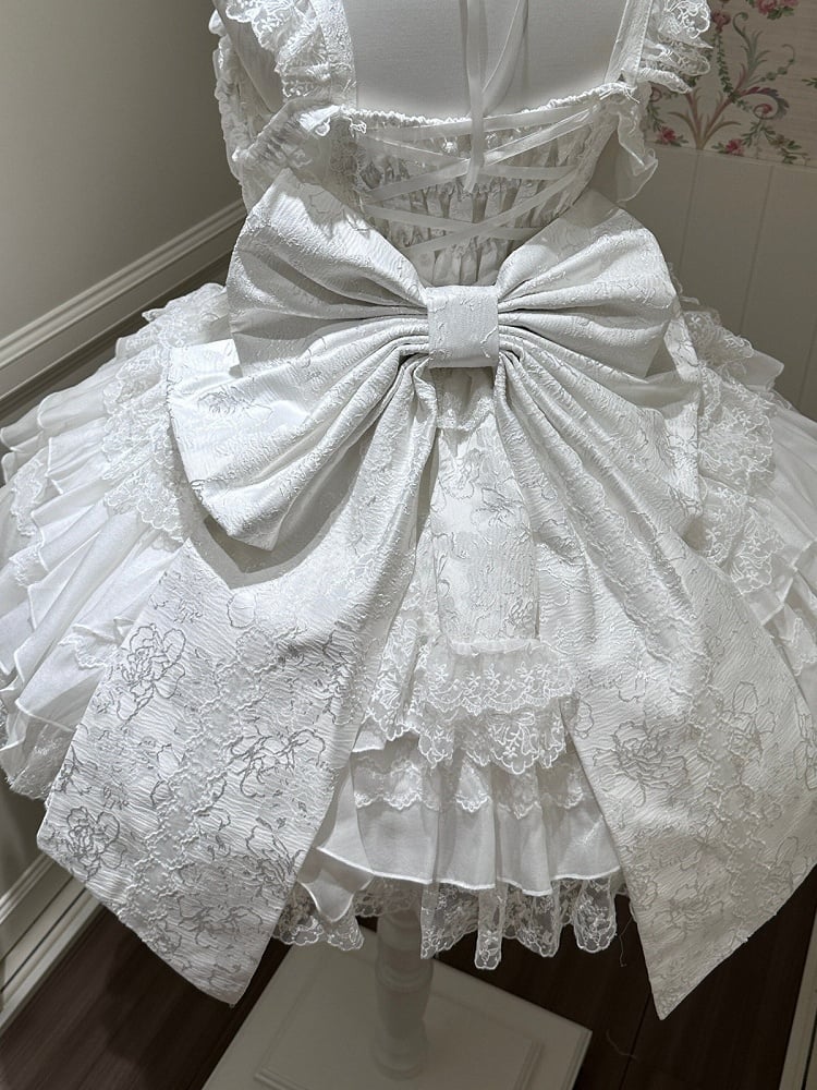 White Ballet Style Lace Ruffle Lolita JSK Dress with Bead Chain Bow and Back Bow Set - White Sugar Girl