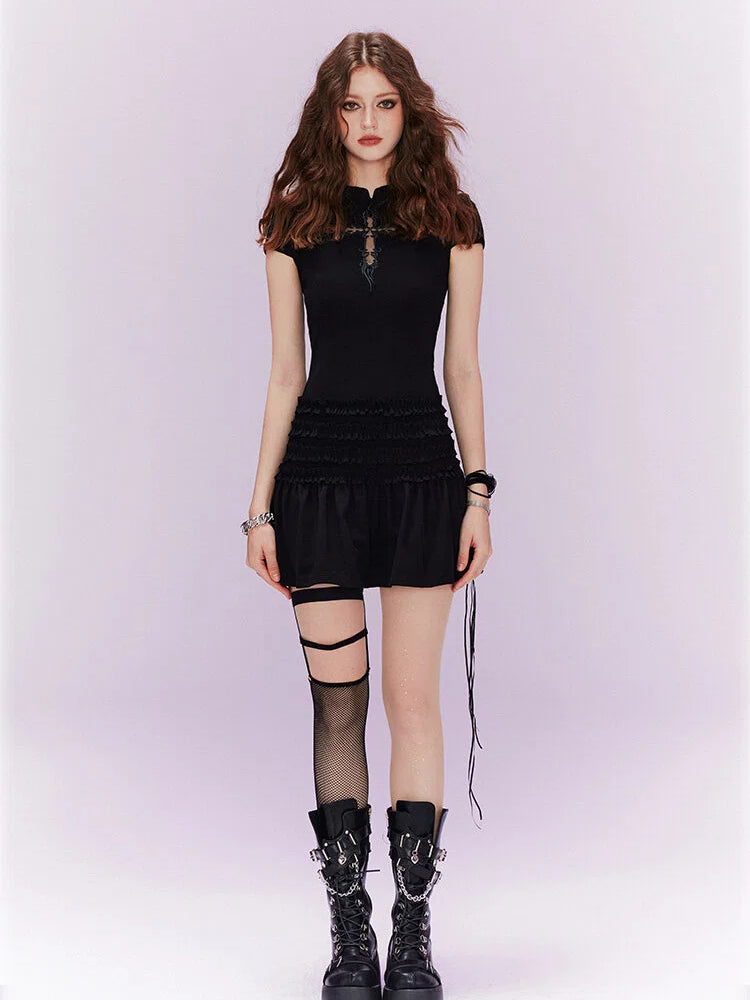 Dress Embroidery Cheongsam / Applique Black Cross with White Organza