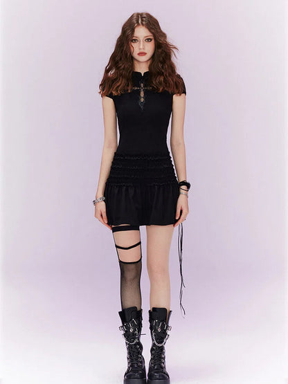 Dress Embroidery Cheongsam / Applique Black Cross with White Organza