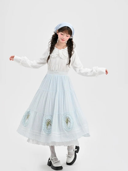 Skirt Light Blue Lily-of-the-Valley Embroidered Lace Trim Cutton