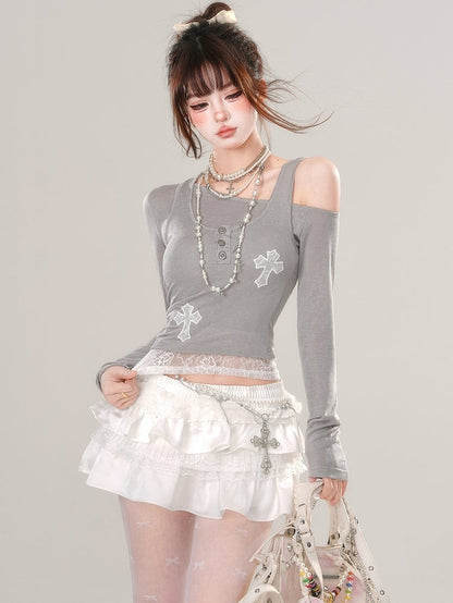 Grey Asymmetrical Neckline Top with Lace Cross Appliques Tank Top Set