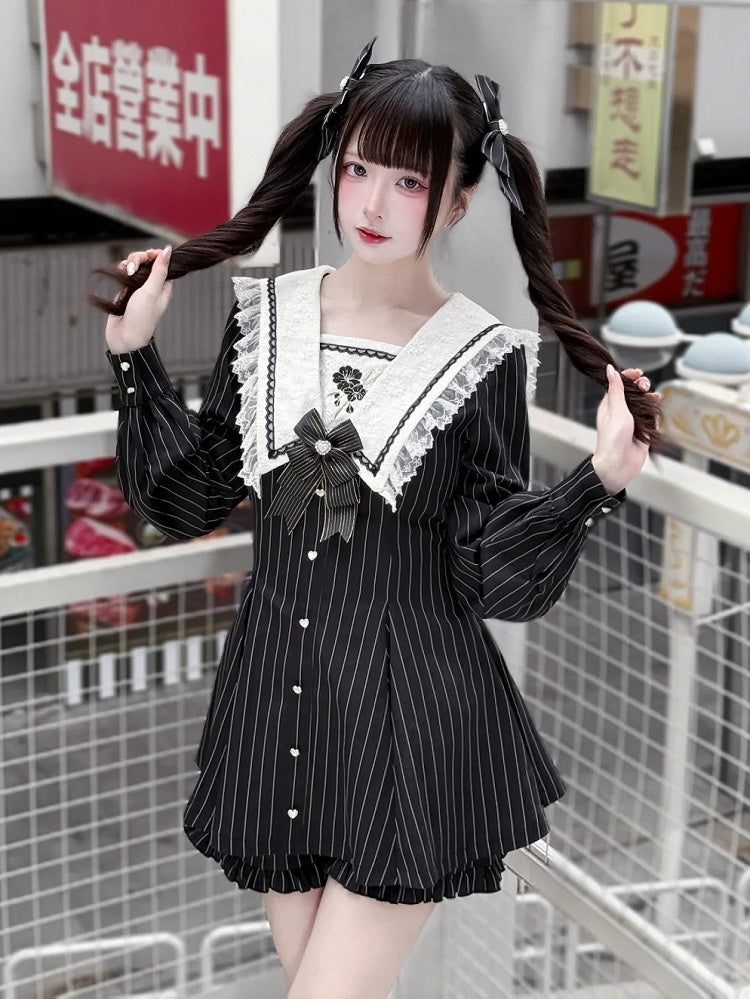 Black Striped Sailor Collar Long-Sleeve Dress with Cherry Blossom Embroidery and Matching Shorts - Dream Core Waves