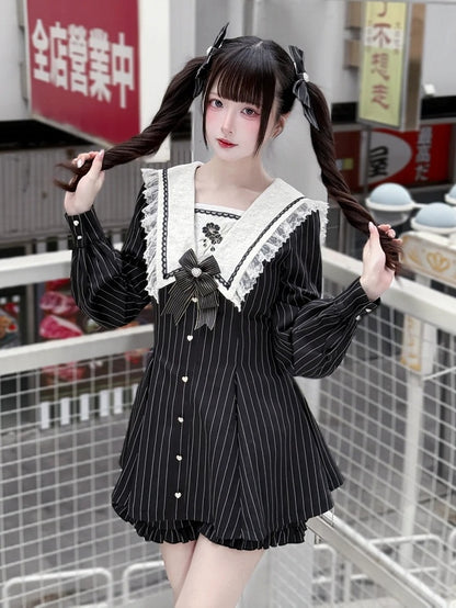 Black Striped Sailor Collar Long-Sleeve Dress with Cherry Blossom Embroidery and Matching Shorts - Dream Core Waves