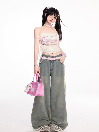 アプリコットドローストリングサイドストラップレストッププリントレースクロップドレター