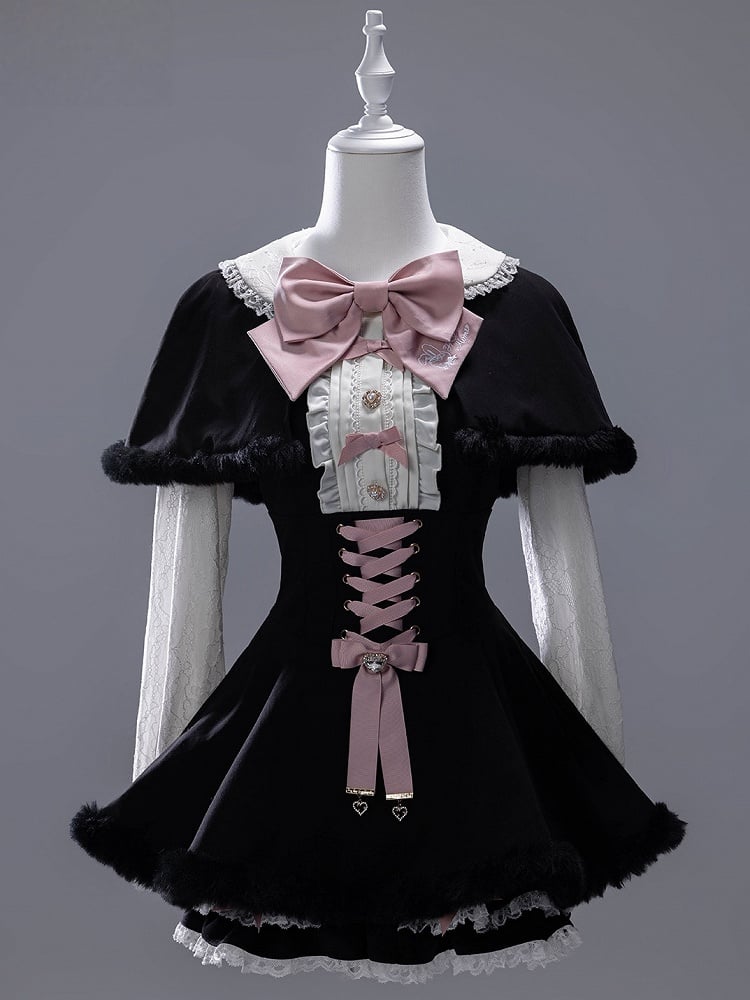Full Shorts Black Pink Bunny Matching Cape Set Kei Brooch Dress Ear Jirai Bow + Lace Plush