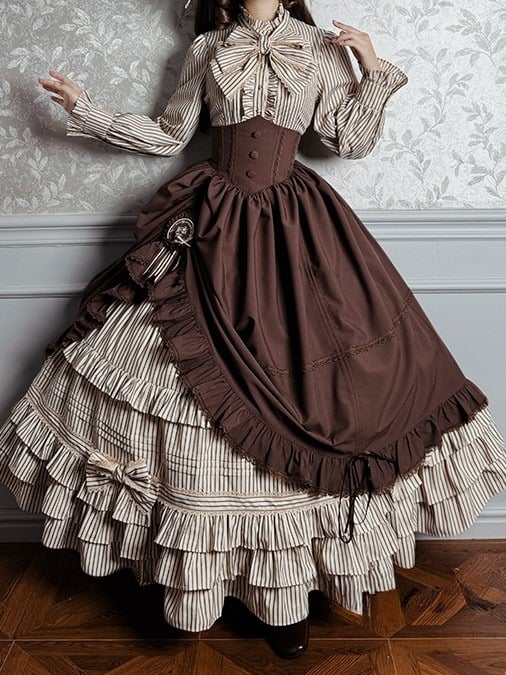 Brown Lolita Bow Layered Elegant Classic Ruffle with Embellishments Skirt Striped