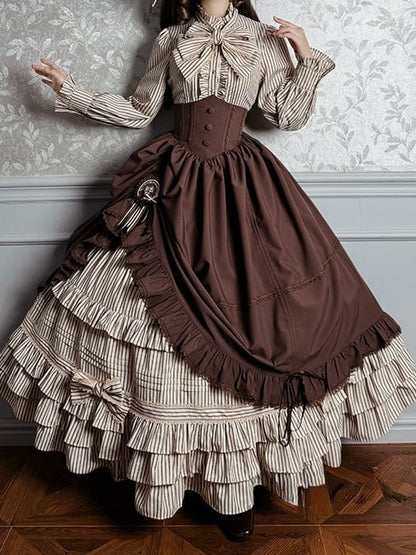 Brown Lolita Bow Layered Elegant Classic Ruffle with Embellishments Skirt Striped