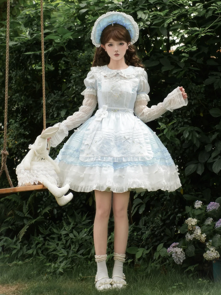 und Peter Collar Lolita Kurzes blaues Pan-Kleid mit weißen Ärmeln