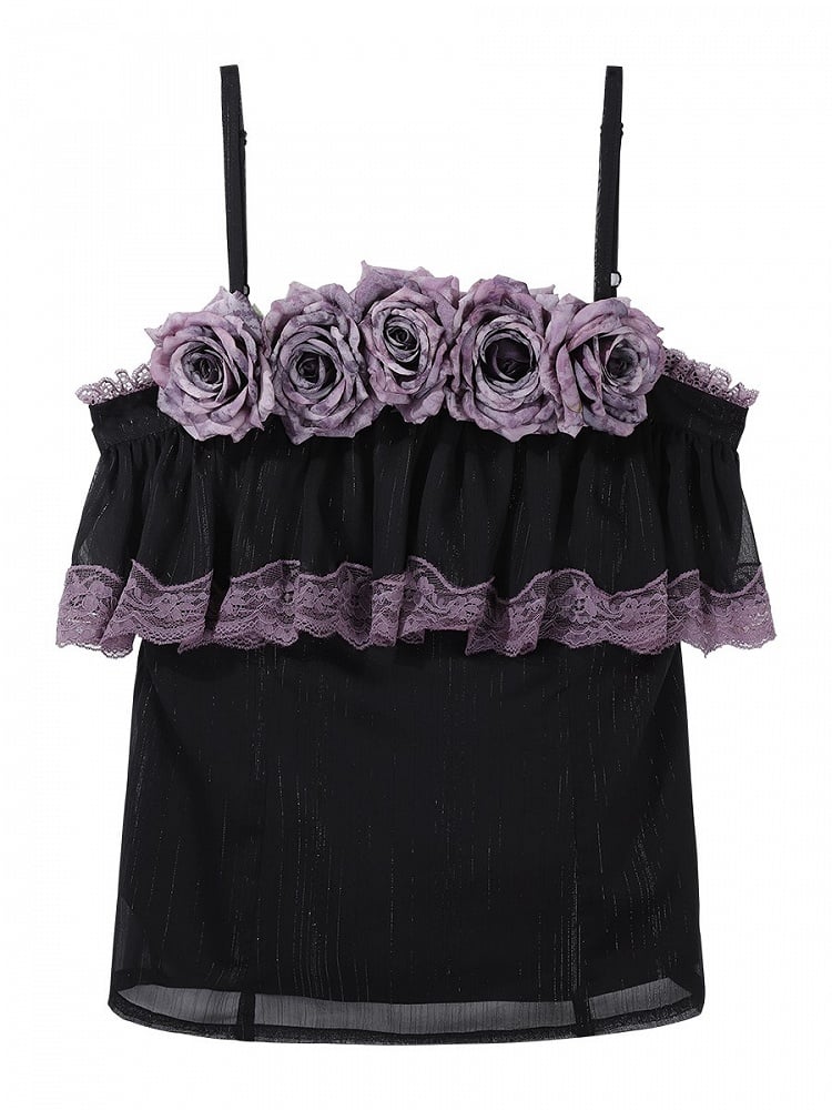 Black Cami Lolita with Flowers Classic Purple Accents Top Ruffled Elegant