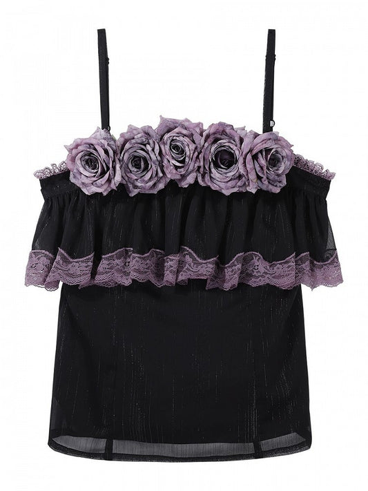 Black Cami Lolita with Flowers Classic Purple Accents Top Ruffled Elegant