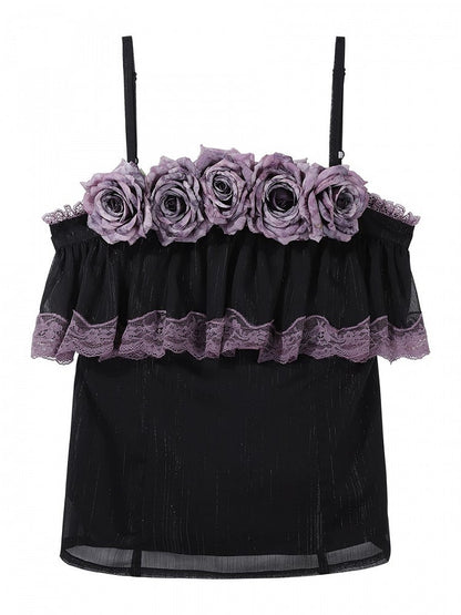 + with Lace Top Ruffled Classic Set Lolita Print Elegant Black Purple Floral Trim Skirt