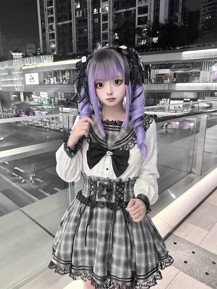 White Gray Kei Long Plaid Collar Sleeves Sailor Blouse Jirai with Bunny-Ear