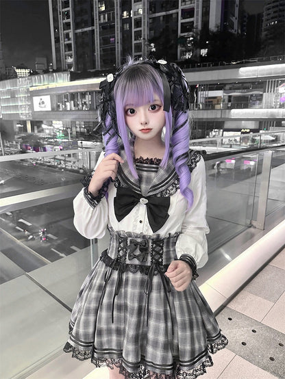 White Gray Kei Long Plaid Collar Sleeves Sailor Blouse Jirai with Bunny-Ear