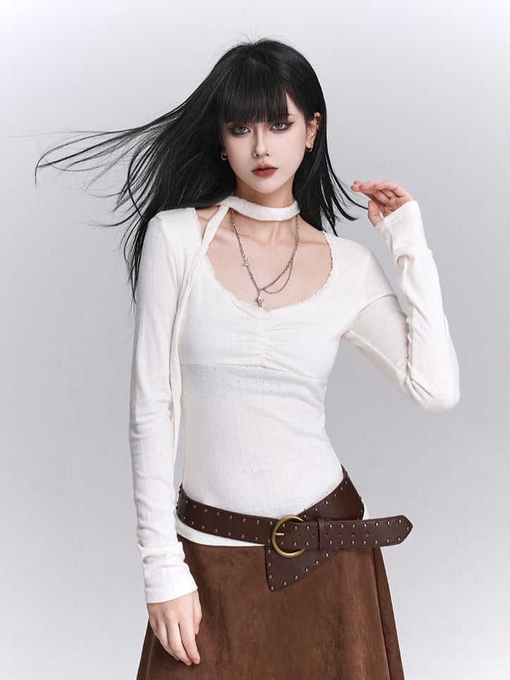 Sleeve Front Strap Ruches White U-Neck with Versatile Matching Top Long Neck