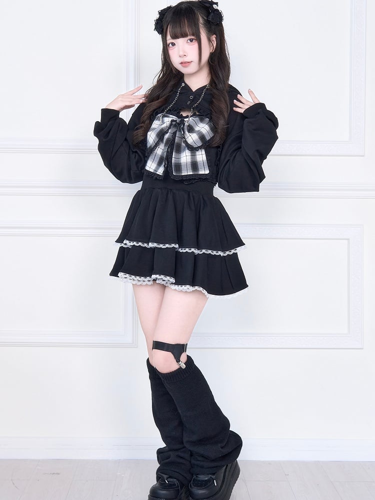 Kei Bust Black Open Subculture Jirai Short Hoodie Set: Bow Tank Big Plaid Two-Piece