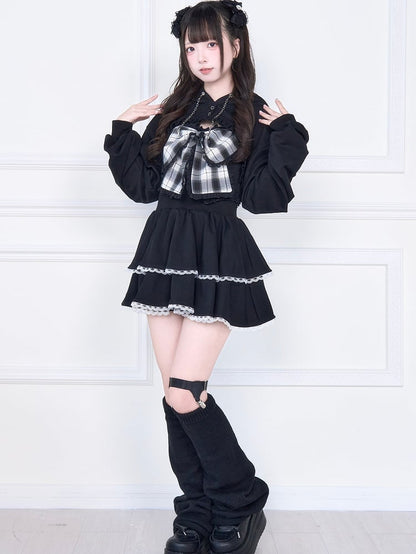 Kei Bust Black Open Subculture Jirai Short Hoodie Set: Bow Tank Big Plaid Two-Piece