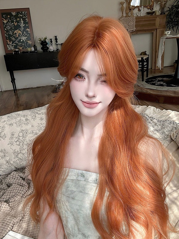 カーテンバング付きオレンジロングウェーブ合成ウィッグ
