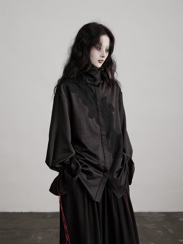 Brooch Red Button Black Drawstring Decoration Shirt Urban Pattern Goth with Subtle