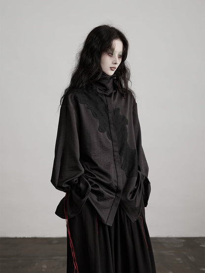 Brooch Red Button Black Drawstring Decoration Shirt Urban Pattern Goth with Subtle