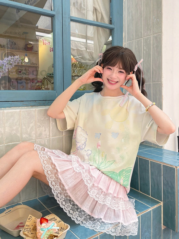 T-Shirt Hellgrün Rundhals Graffiti Lamm Print Lose