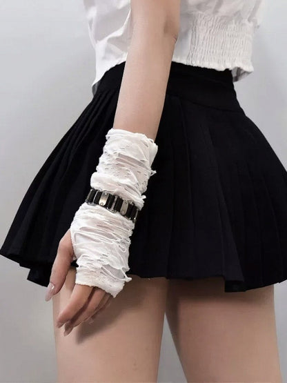White Fingerless Gloves with Distressed Holes Design - Mr. Cat