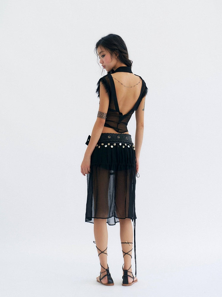Leather Mesh Detachable PU Sheer Panel Black Punk Denim Shorts Style