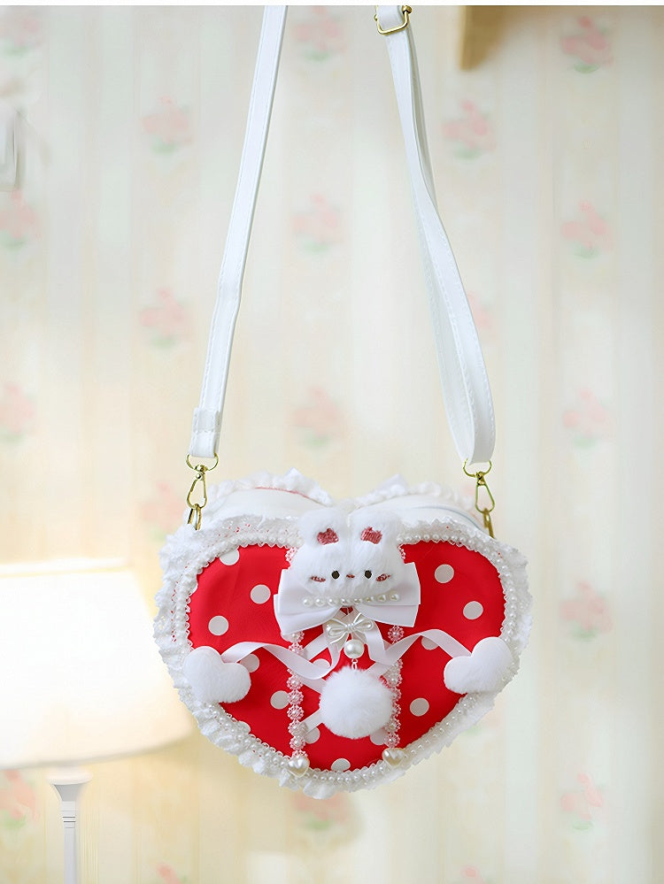 Design Crossbody Polka-dot Bag Pattern Decorated With Pompon Plush Beaded Heart-shaped Bunny Red