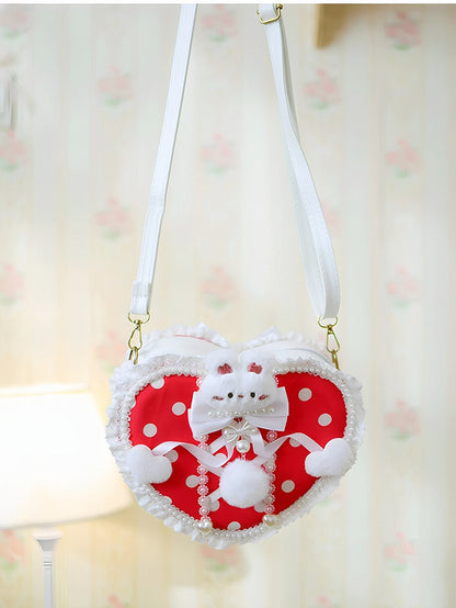Design Crossbody Polka-dot Bag Pattern Decorated With Pompon Plush Beaded Heart-shaped Bunny Red