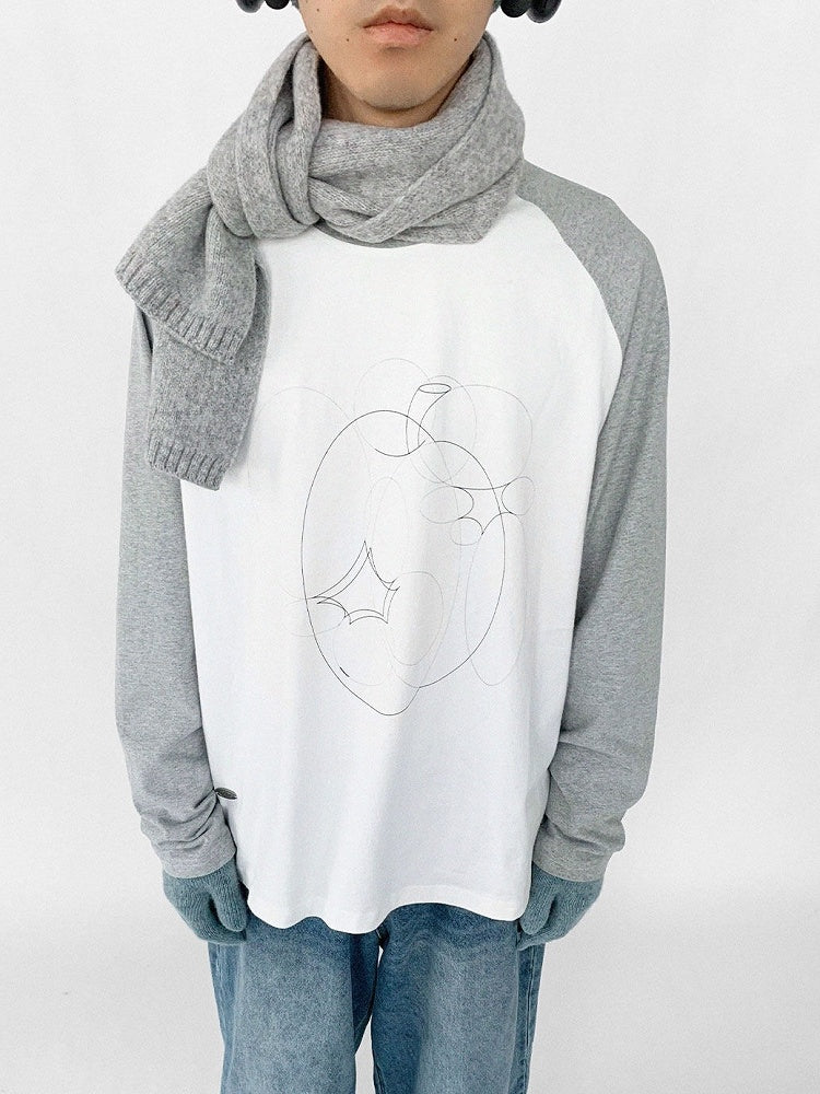 Round Top Unisex White Colorblock Design Pattern Daily Kawaii Apple in Neck Gray with